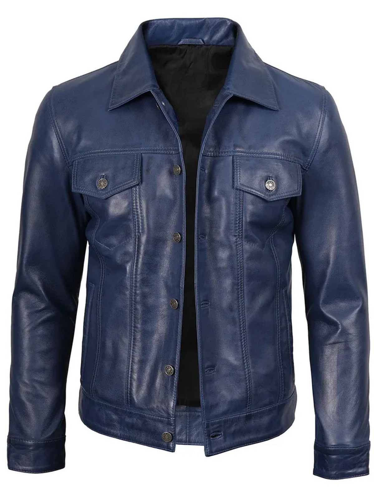 Men’s Blue Trucker Leather Jacket Front View