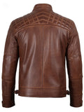 Back view of men’s brown café racer leather jacket, slim fit, durable stitching, Livra Jackets.