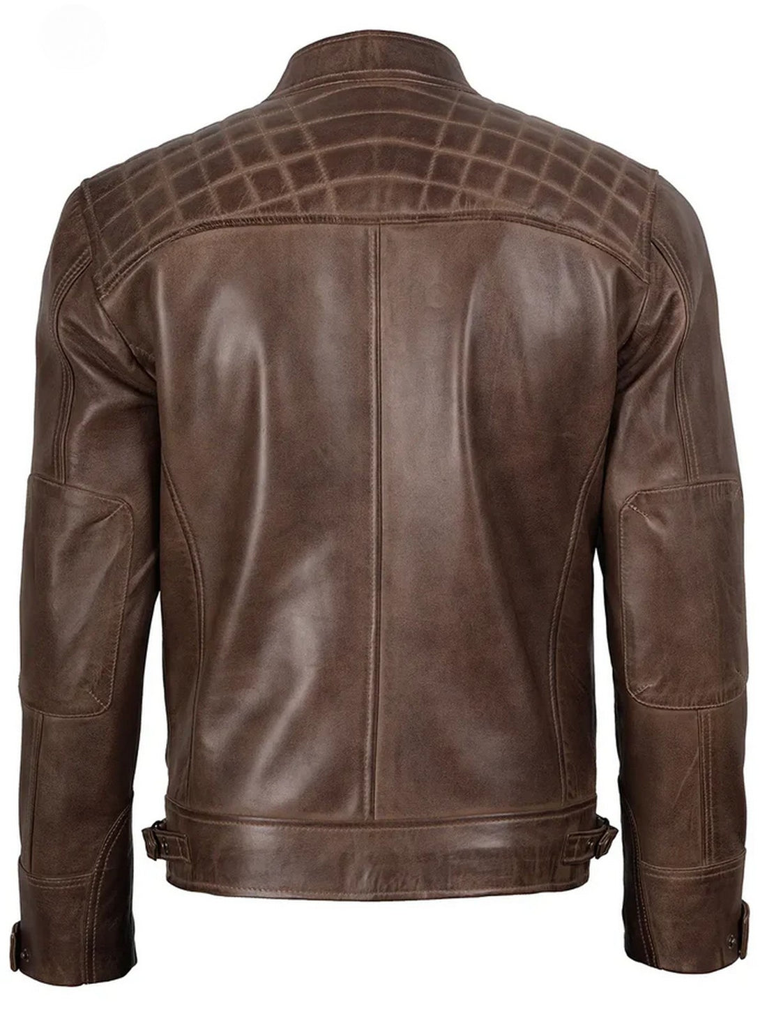 Men’s brown café racer leather jacket front view – slim fit motorcycle style.