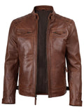 Close-up of zipper and button detail on brown café racer leather jacket by Livra Jackets.