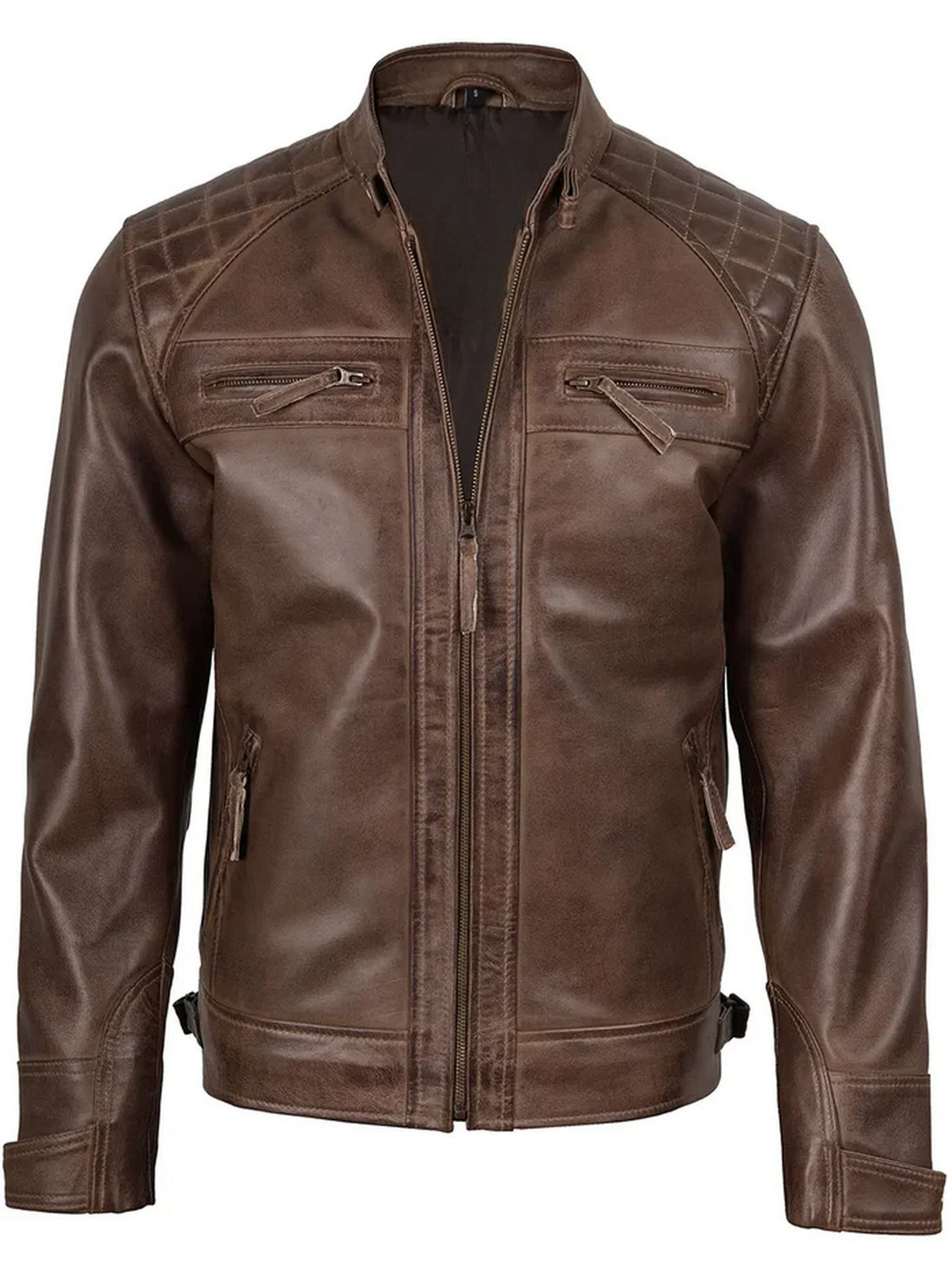 Men’s brown café racer leather jacket front view – slim fit motorcycle style.
