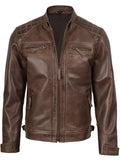 Men’s brown café racer leather jacket front view – slim fit motorcycle style.