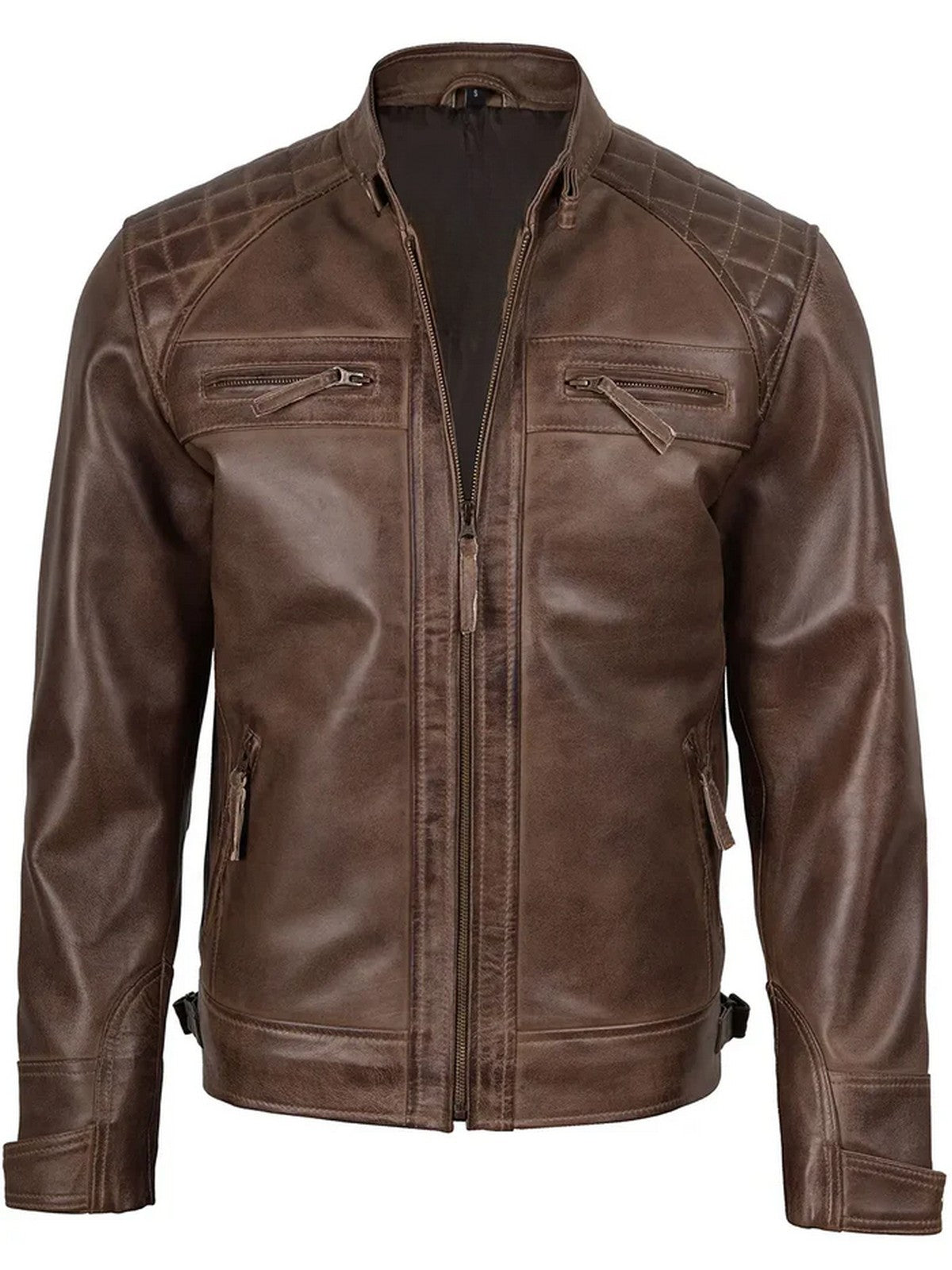 Men’s brown café racer leather jacket front view – slim fit motorcycle style.