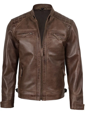 Men’s brown café racer leather jacket front view – slim fit motorcycle style.