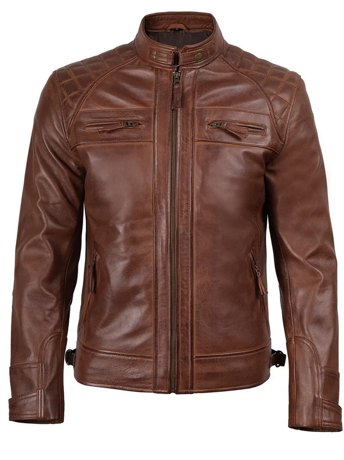  Men’s brown café racer leather jacket front view, premium lambskin material, Livra Jackets.