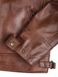 Side angle of men’s brown café racer leather jacket with zipper and pocket design.