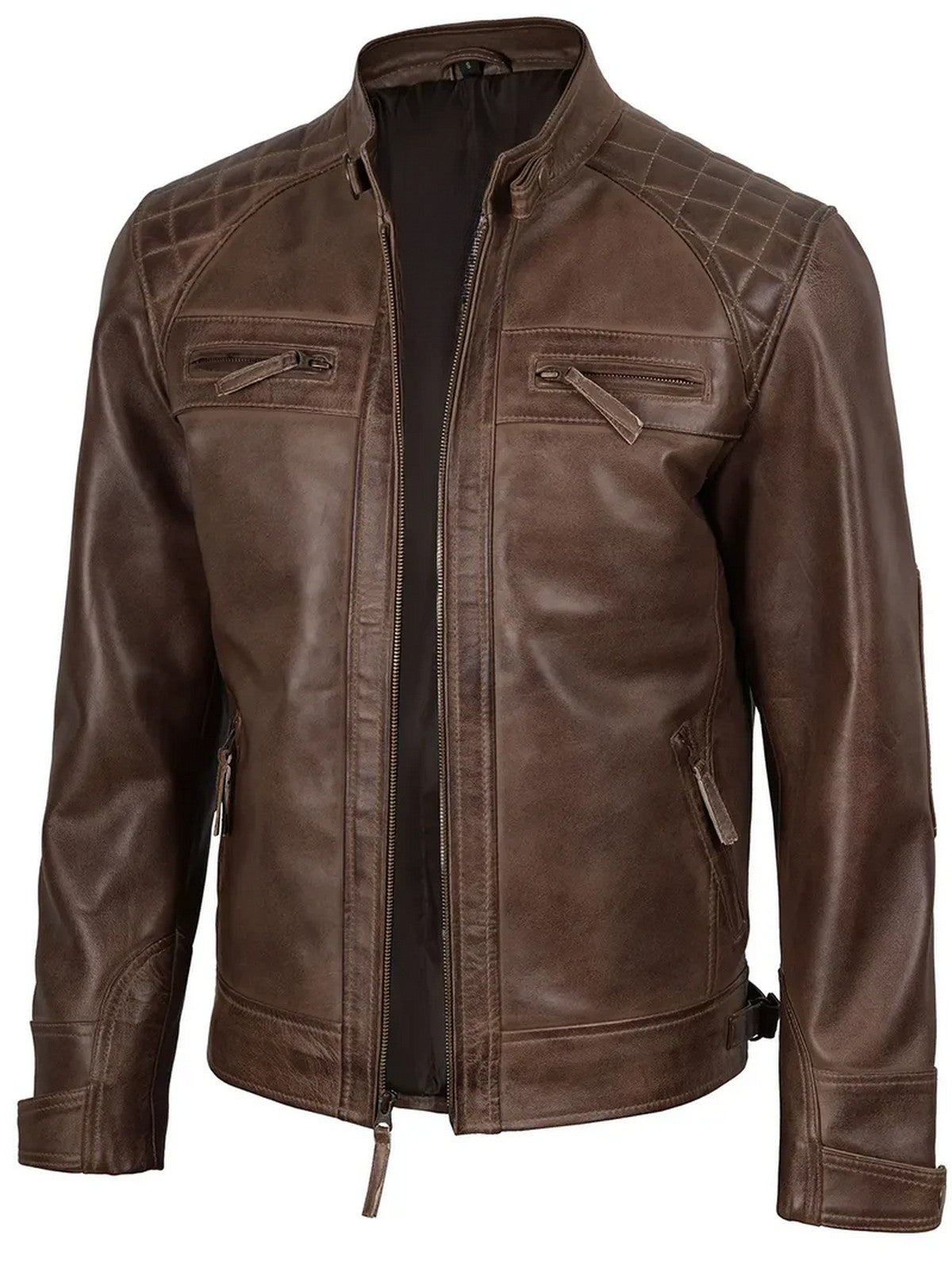 Men’s café racer jacket in brown leather – stylish side angle.