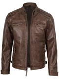 Brown café racer slim fit leather jacket with zipper details