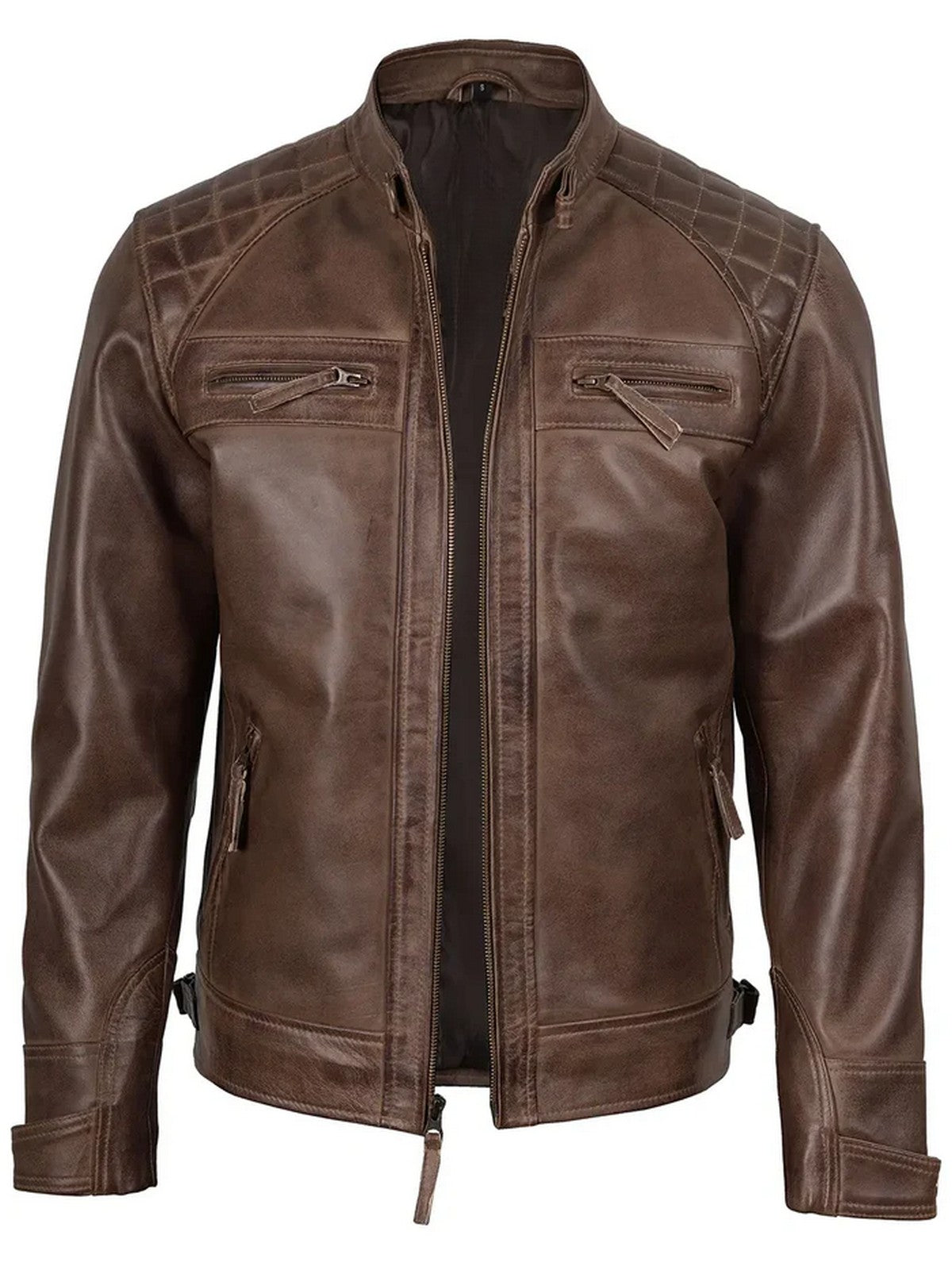 Brown café racer slim fit leather jacket with zipper details