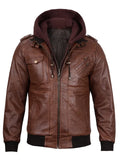 Close-up detail of detachable hood and zipper design on brown leather jacket by Livra Jackets.