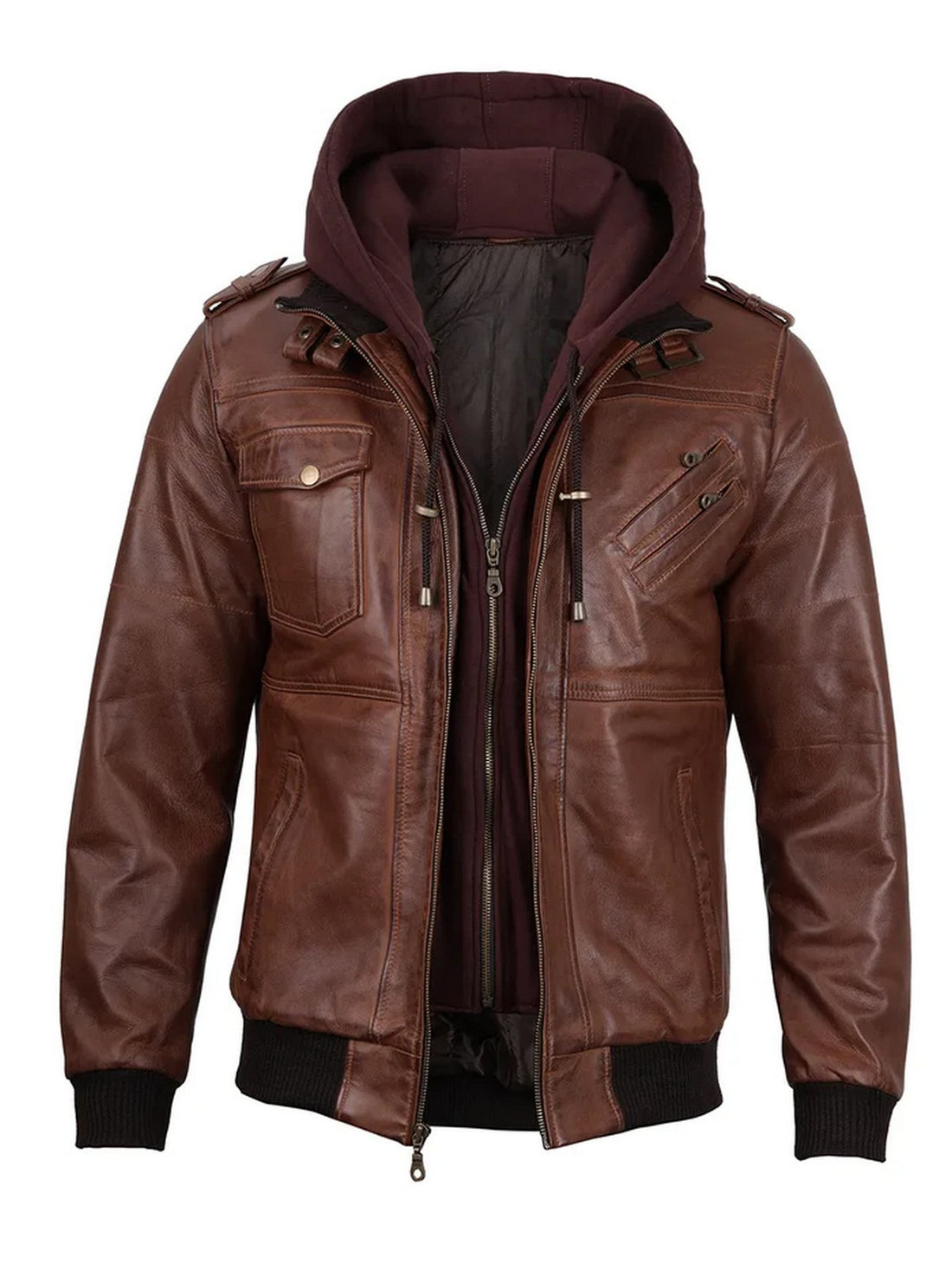 Men’s brown hooded leather jacket front view with zipper and pockets, Livra Jackets.