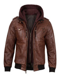 Men’s brown hooded leather jacket front view with zipper and pockets, Livra Jackets.