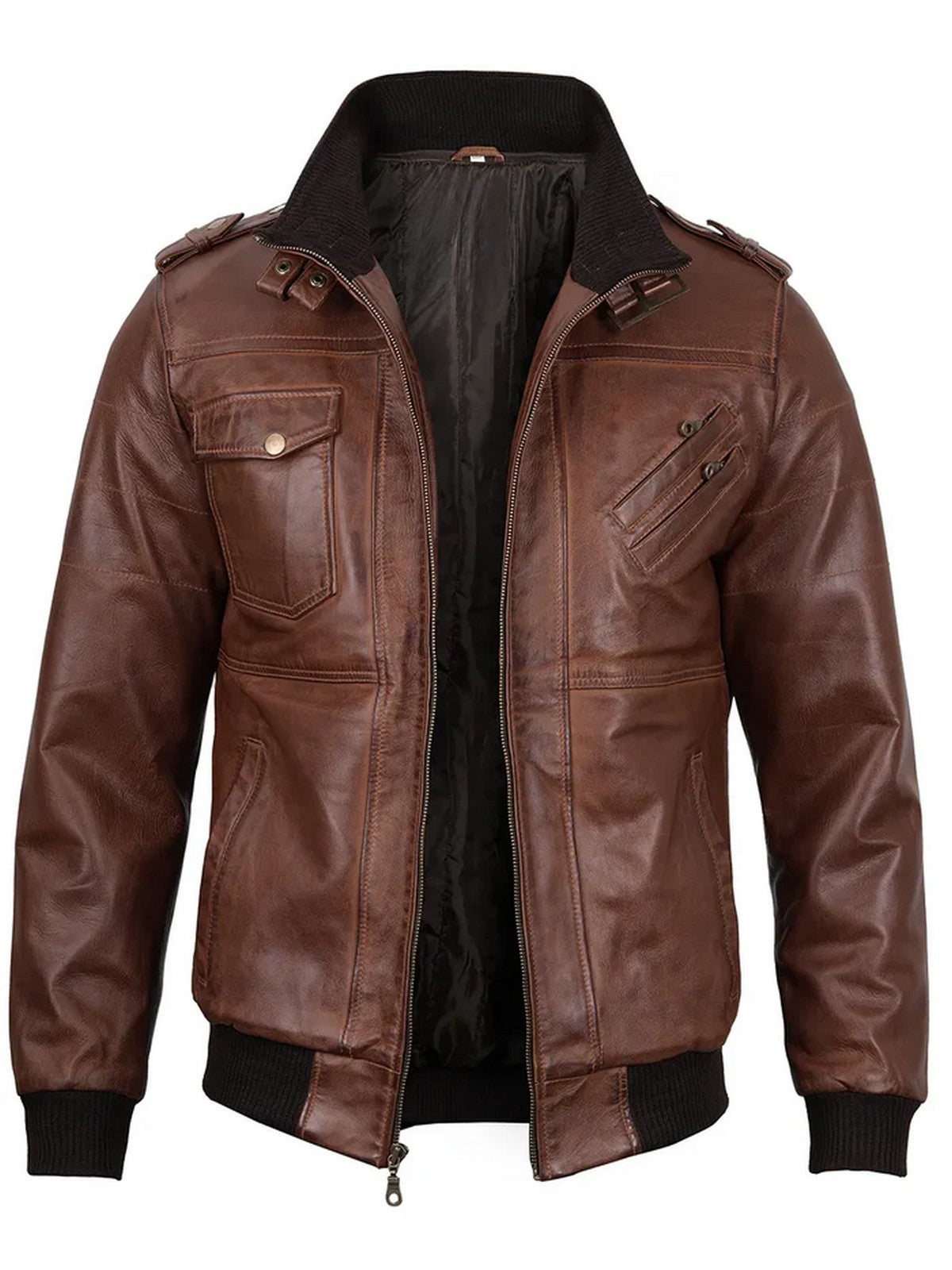Men’s brown hooded leather jacket open-front style showing inner lining.