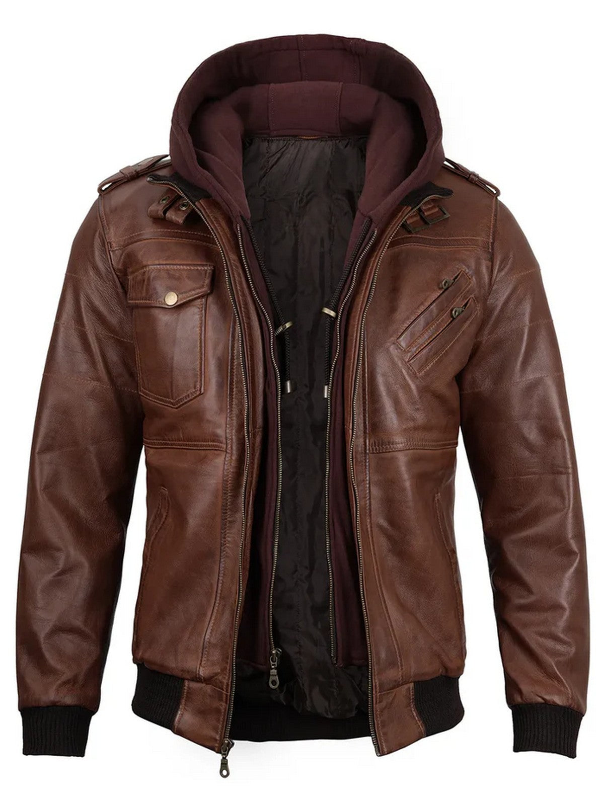  Side angle of men’s brown hooded leather jacket with detachable hood and slim fit.