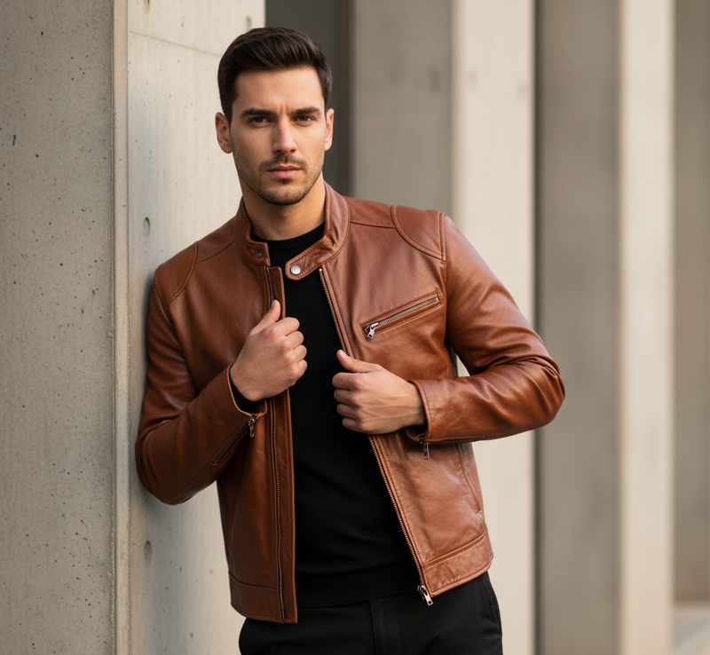 Man wearing a brown leather jacket from Livra Jackets, standing against a concrete wall – premium leather outerwear for men.
