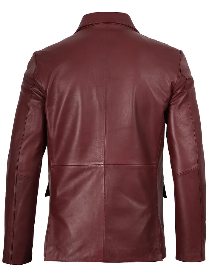 Men’s Burgundy Leather Blazer – Front Open View