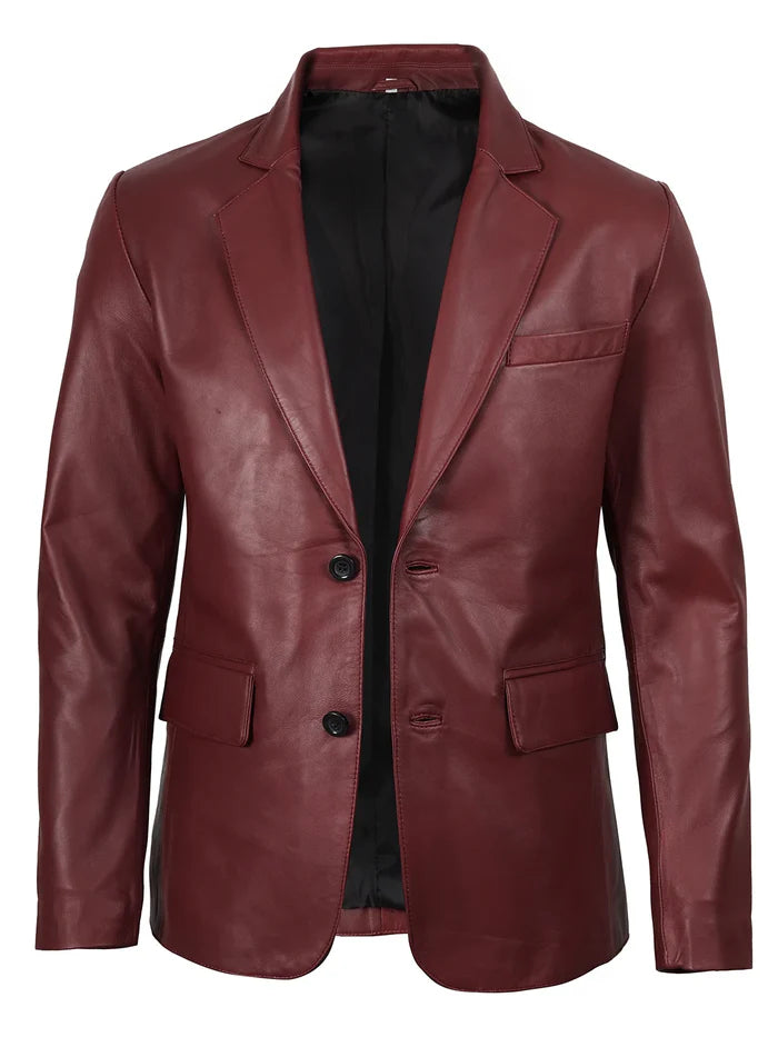 Men’s Burgundy Leather Blazer – Front Open View