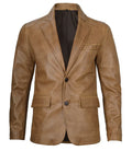 Men’s Camel Brown Leather Blazer – Front View