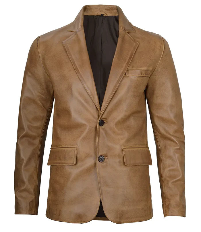 Men’s Camel Brown Leather Blazer – Front View