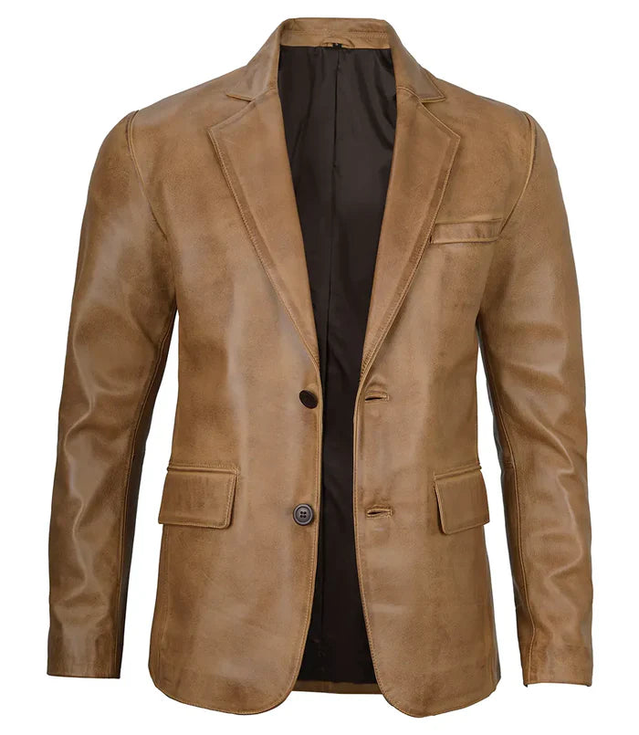Men’s Camel Brown Leather Blazer – Front View