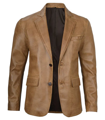 Men’s Camel Brown Leather Blazer – Front View