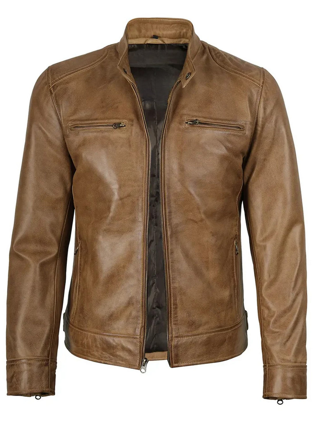 Men’s camel brown leather jacket front view with slim-fit moto design – Livra Jackets