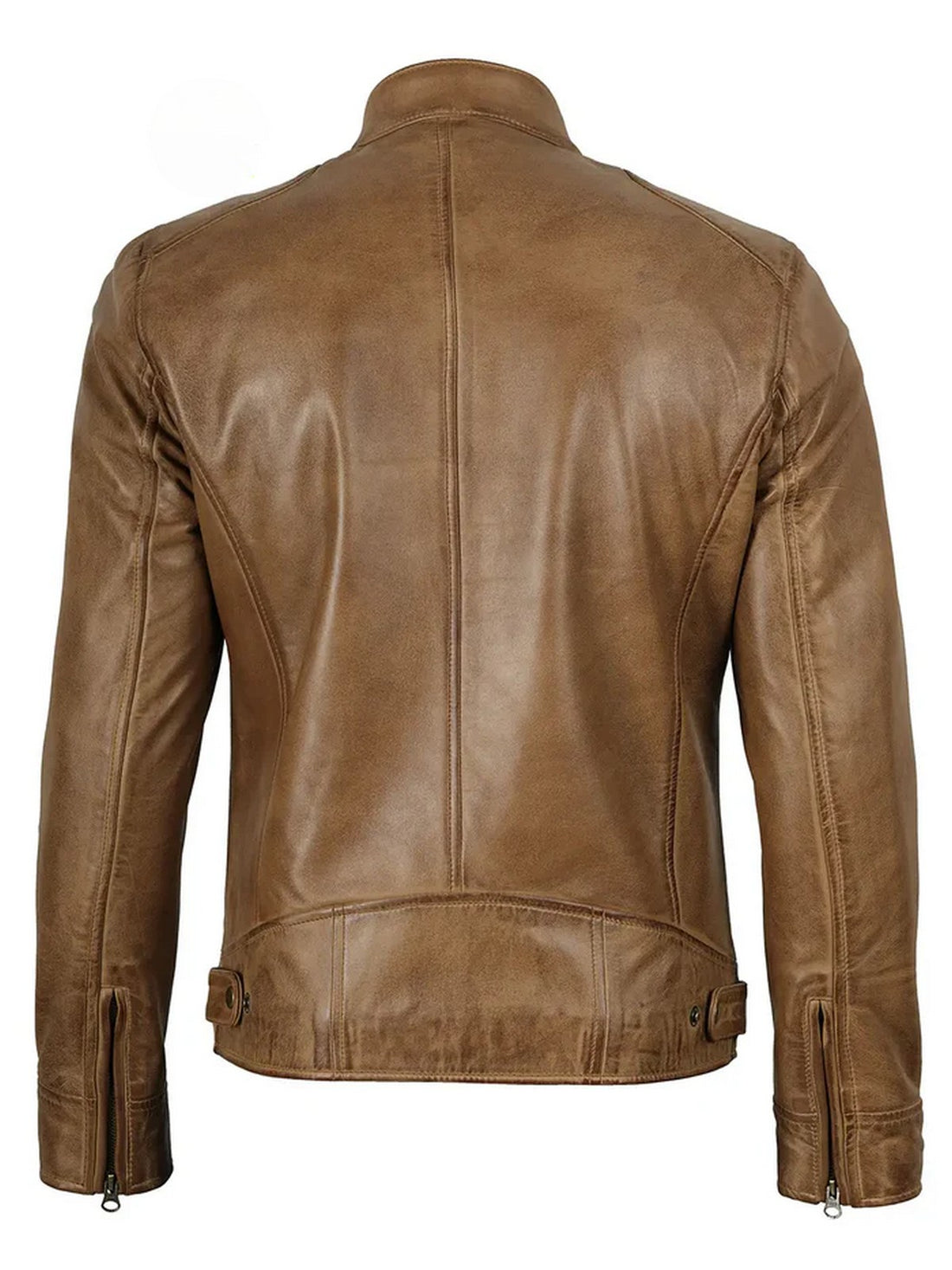 Side angle of men’s camel brown slim-fit leather jacket with zipper closure and premium finish.