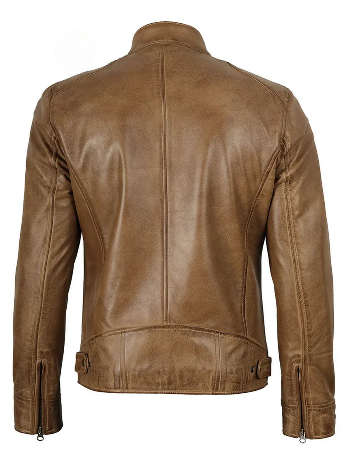 Back view of men’s camel brown leather jacket with modern slim fit and durable stitching.