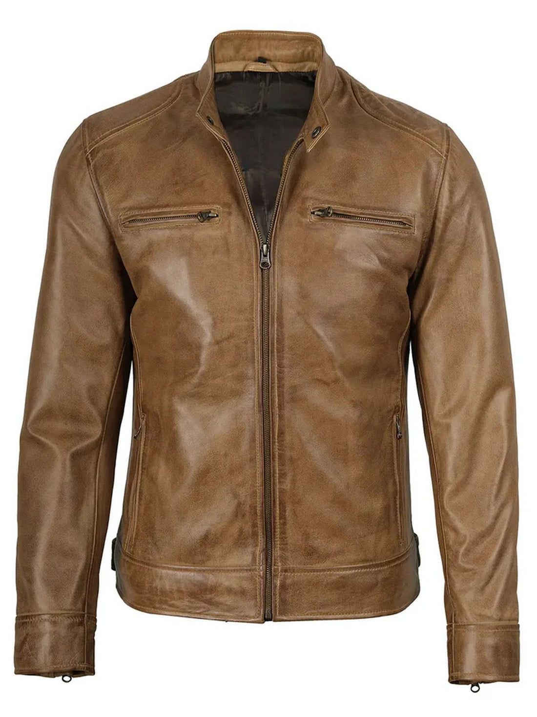 Men’s camel brown leather jacket front view with slim-fit moto design – Livra Jackets