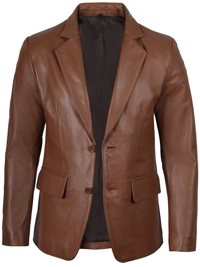 Men’s Cognac Brown Leather Blazer – Front View