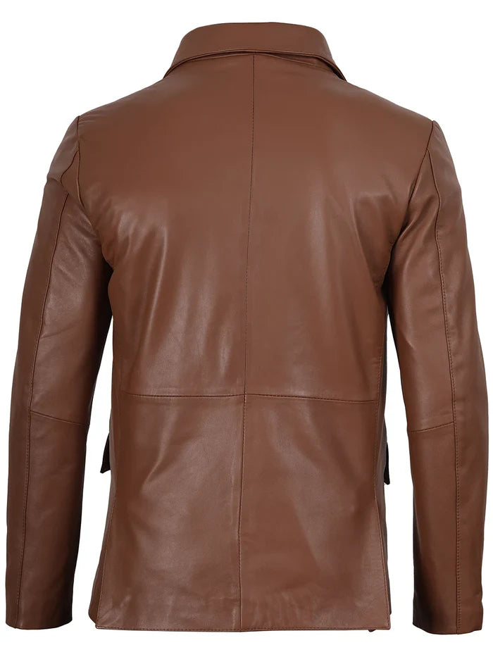 Front view of Men’s Cognac Brown Leather Blazer – slim fit two button design