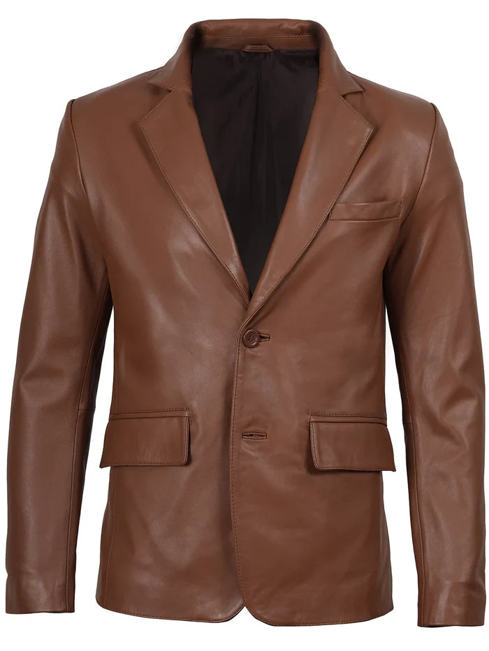 Front view of Men’s Cognac Brown Leather Blazer – slim fit two button design