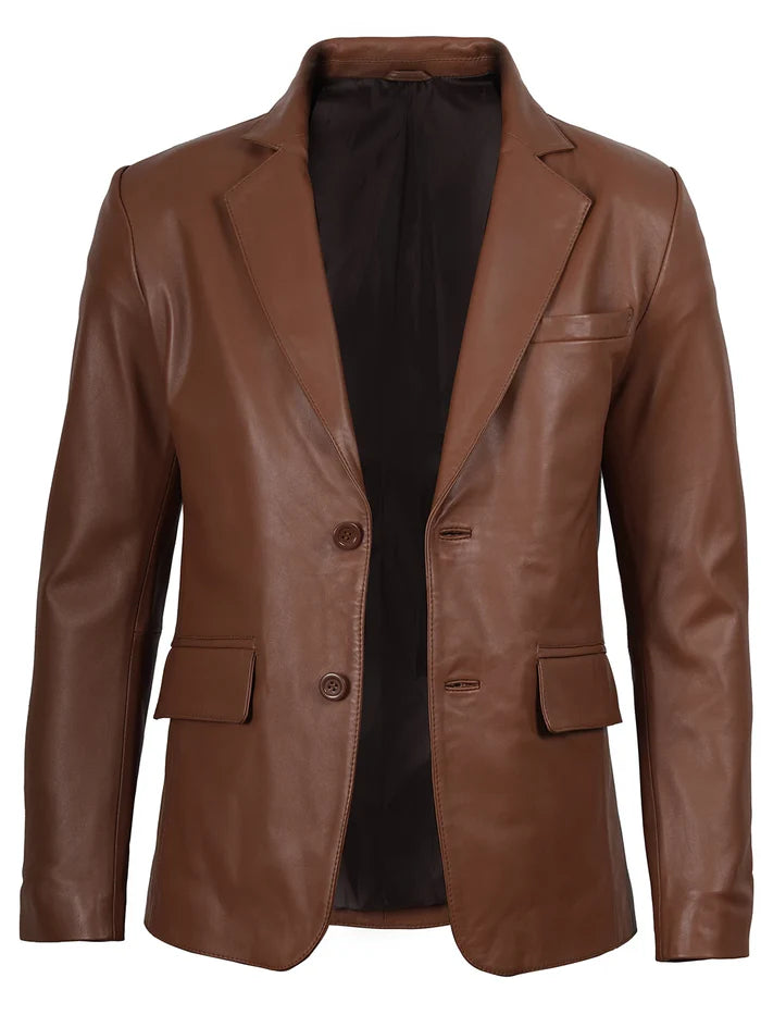 Front view of Men’s Cognac Brown Leather Blazer – slim fit two button design
