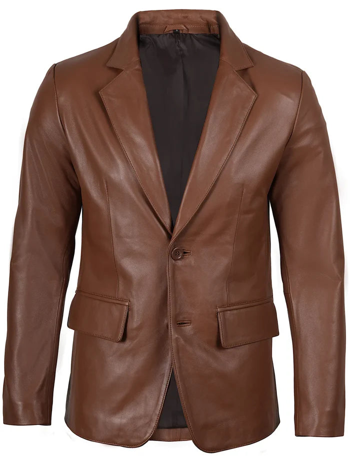 Men’s Cognac Brown Leather Blazer – Front View