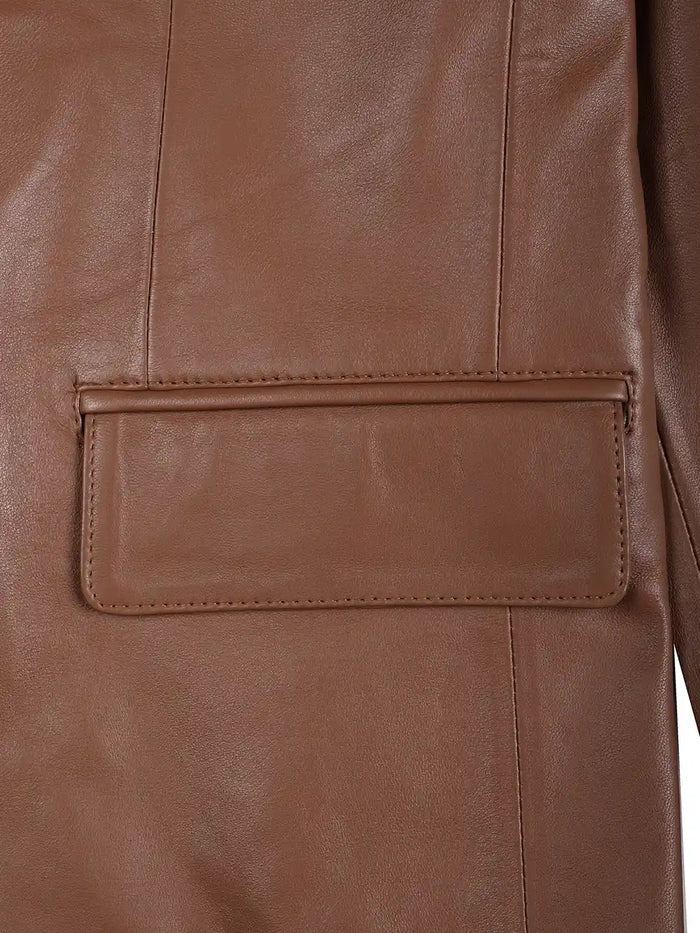 Men’s Cognac Brown Leather Blazer with Flap Pockets