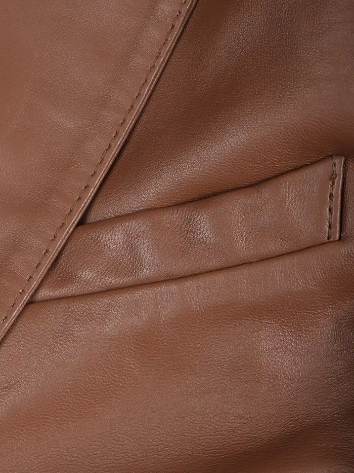 Close-up of flap pocket on Cognac Brown Leather Blazer for men