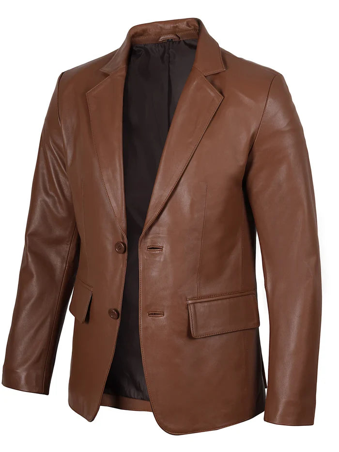 Genuine Cognac Brown Leather Blazer for Men – Side Angle