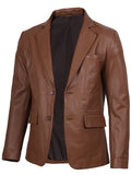 Two-button Cognac Brown Leather Blazer – slim fit style for men