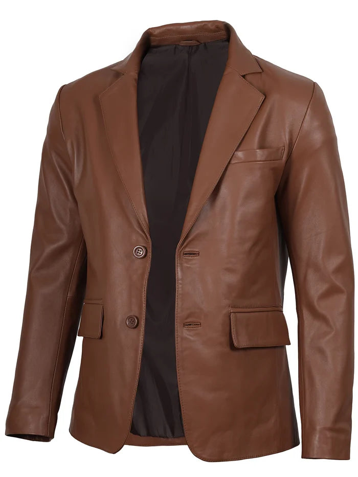 Two-button Cognac Brown Leather Blazer – slim fit style for men
