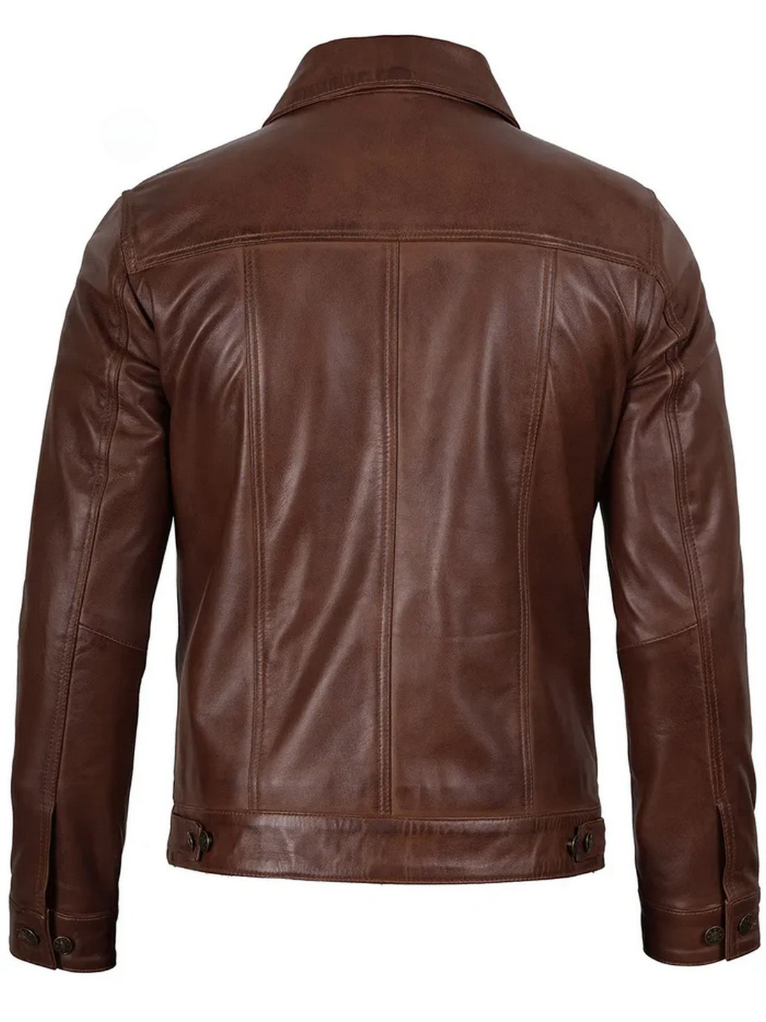 Men’s cognac trucker leather jacket front view – classic button-up design.