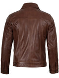 Men’s cognac leather jacket back view – trucker style in premium leather.
