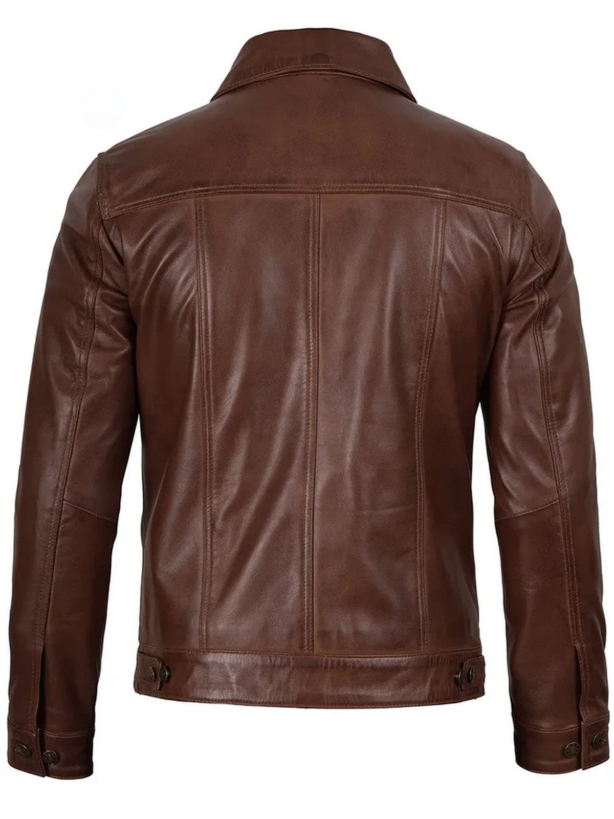 Men’s cognac leather jacket back view – trucker style in premium leather.
