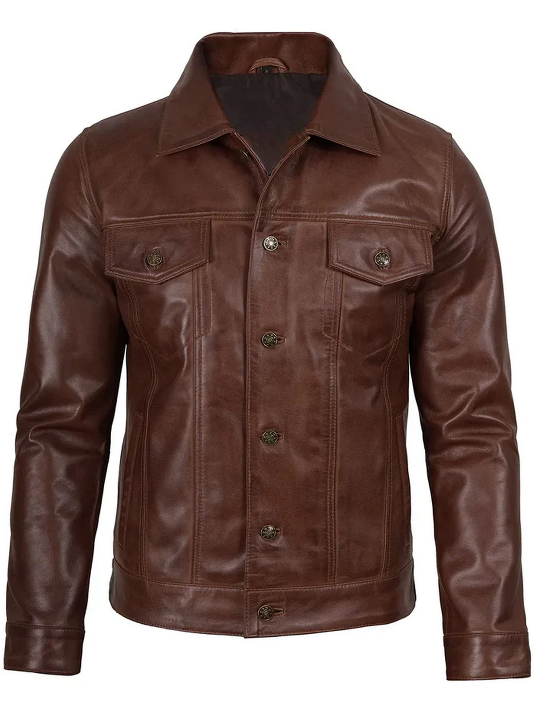 Men’s cognac trucker leather jacket front view – classic button-up design.
