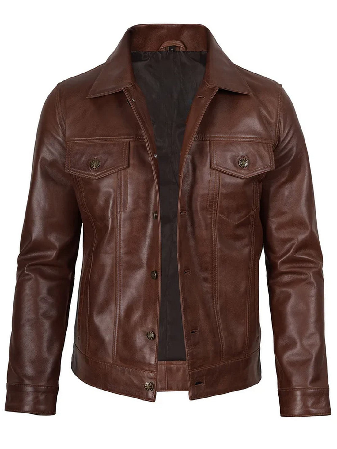 Men’s cognac trucker leather jacket front view – classic button-up design.