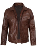 Men’s cognac trucker leather jacket side angle – timeless casual outerwear.