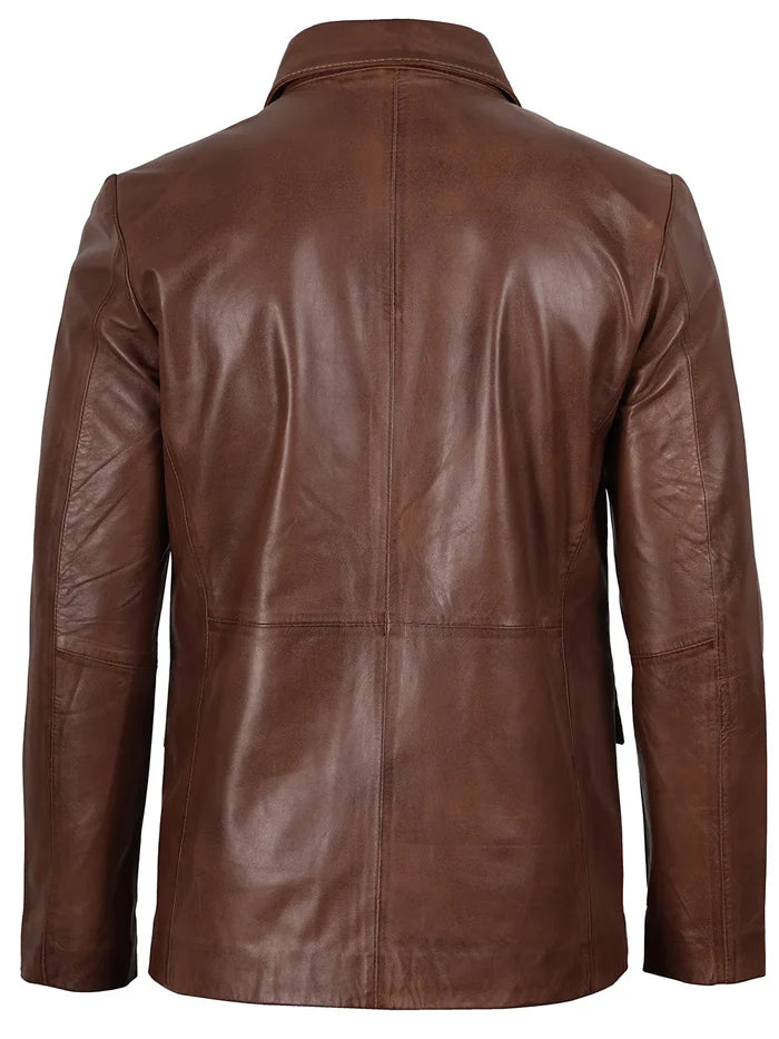Front view of men’s cognac wax leather blazer – two button slim fit