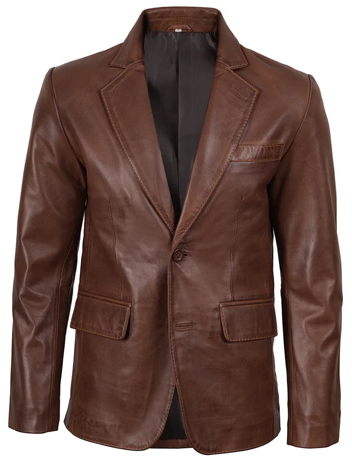 Men’s two button cognac wax leather blazer – notch lapel front