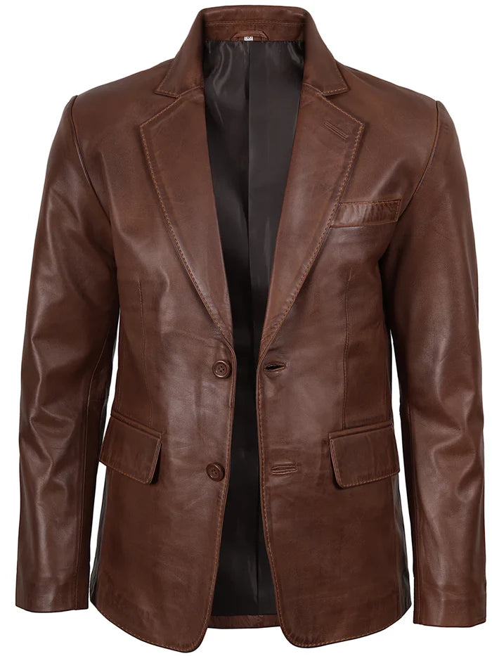 Front view of men’s cognac wax leather blazer – two button slim fit