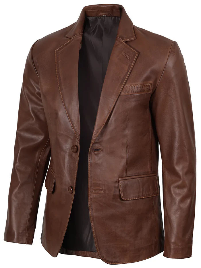 Side angle of men’s cognac wax leather blazer – modern slim fit