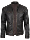 Side angle of men’s dark brown leather jacket with zipper closure and premium detailing.